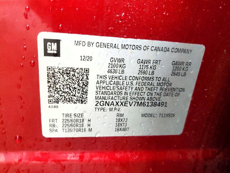 Auction sale of the 2021 Chevrolet Equinox, vin: 2GNAXXEV7M6138491, lot number: 66571406