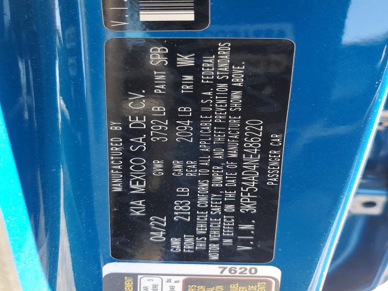 66845846 :رقم المزاد ، 3KPF54AD4NE486220 vin ، 2022 Kia Forte مزاد بيع