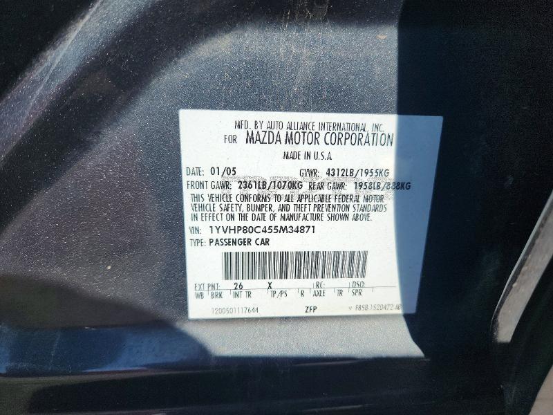 66104236 :رقم المزاد ، 1YVHP80C455M34871 vin ، 2005 Mazda 6 مزاد بيع