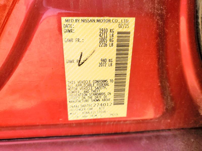 2015 Nissan Altima მანქანა იყიდება აუქციონზე, vin: 1N4AL3AP7FC274012, აუქციონის ნომერი: 64045996