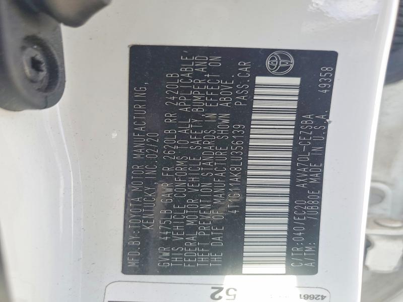 66766586 :رقم المزاد ، 4T1G11AK8LU356139 vin ، 2020 Toyota Camry مزاد بيع