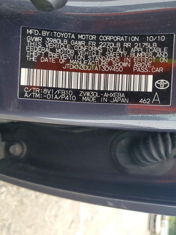 63508136 :رقم المزاد ، JTDKN3DU1A1309450 vin ، 2010 Toyota Prius مزاد بيع