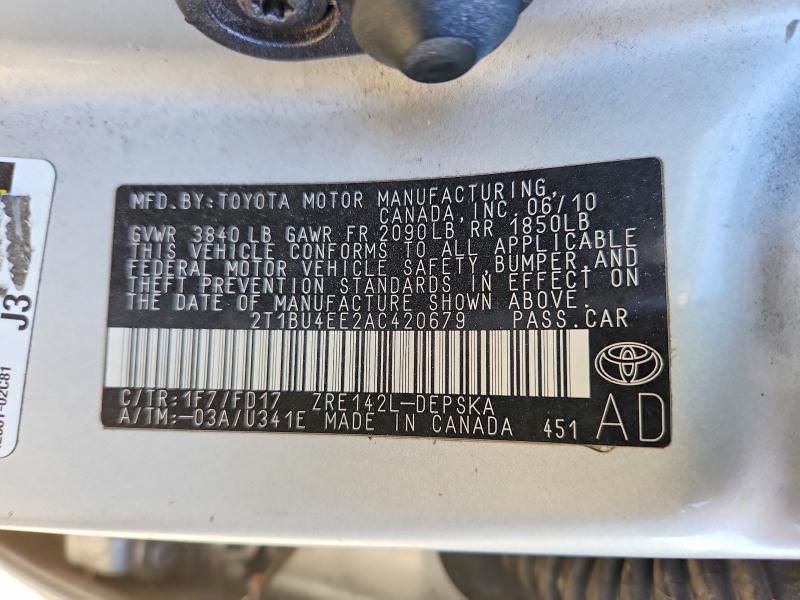 2010 Toyota Corolla მანქანა იყიდება აუქციონზე, vin: 2T1BU4EE2AC420679, აუქციონის ნომერი: 63731566