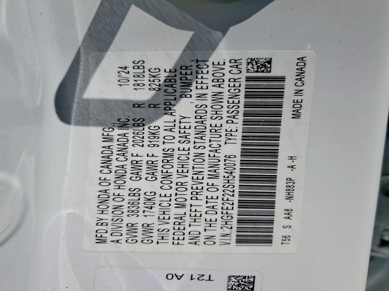 Aukcja sprzedaży 2025 Honda Civic, vin: 2HGFE2F22SH540076, numer aukcji: 65671606