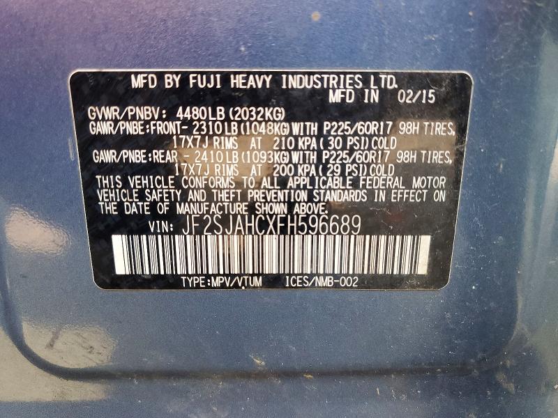 2015 Subaru Forester მანქანა იყიდება აუქციონზე, vin: JF2SJAHCXFH596689, აუქციონის ნომერი: 64572596
