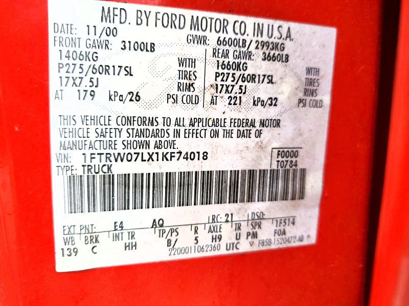 Продажа на аукционе авто 2001 Ford F150, vin: 1FTRW07LX1KF74018, номер лота: 64067986