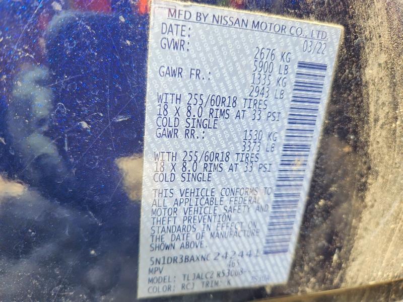 62274346 :رقم المزاد ، 5N1DR3BAXNC242441 vin ، 2022 Nissan Pathfinder مزاد بيع