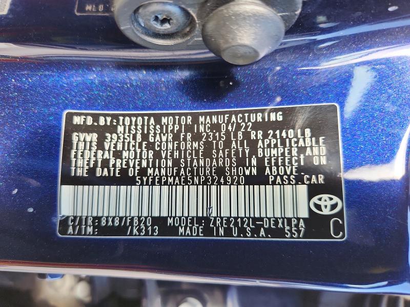 2022 Toyota Corolla მანქანა იყიდება აუქციონზე, vin: 5YFEPMAE5NP324920, აუქციონის ნომერი: 64455346