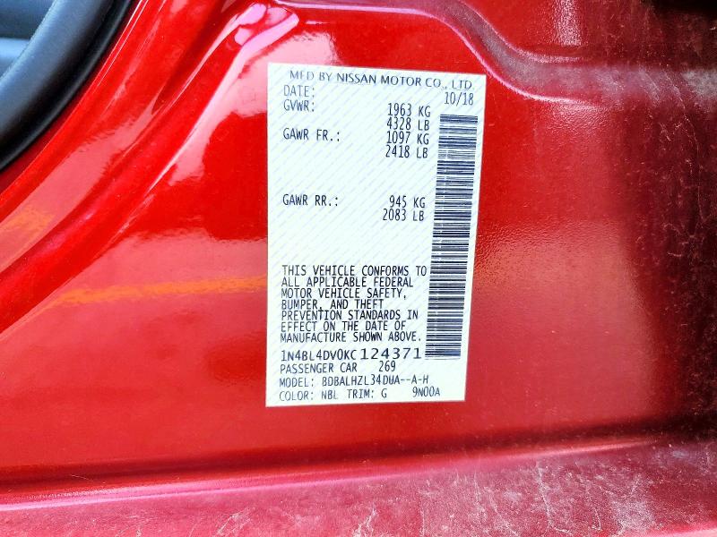 2019 Nissan Altima მანქანა იყიდება აუქციონზე, vin: 1N4BL4DV0KC124371, აუქციონის ნომერი: 65148756