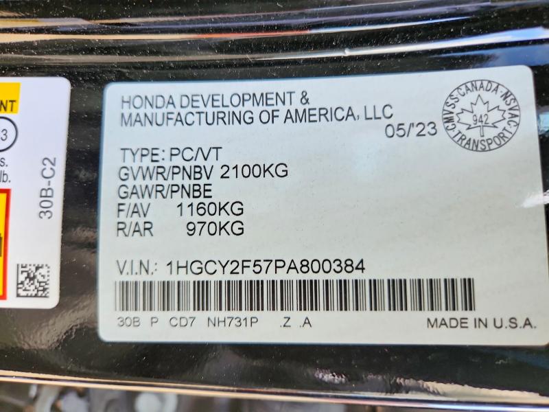 66001746 :رقم المزاد ، 1HGCY2F57PA800384 vin ، 2023 Honda Accord مزاد بيع