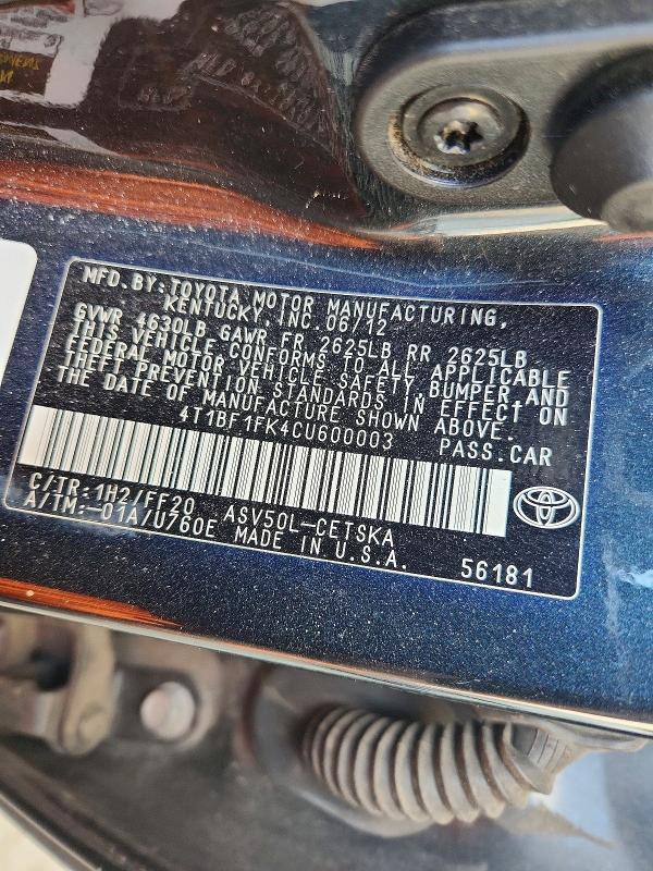 65446666 :رقم المزاد ، 4T1BF1FK4CU600003 vin ، 2012 Toyota Camry مزاد بيع