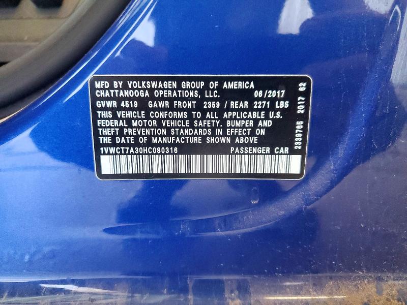 Продаж на аукціоні авто 2017 Volkswagen Passat, vin: 1VWCT7A30HC080316, номер лоту: 63000546