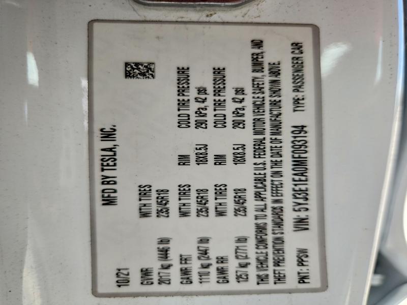 Продаж на аукціоні авто 2021 Tesla Model 3, vin: 5YJ3E1EA0MF093194, номер лоту: 66416256