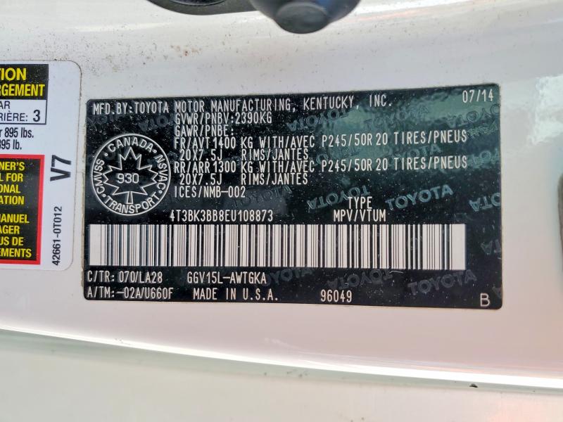 65353646 :رقم المزاد ، 4T3BK3BB8EU108873 vin ، 2014 Toyota Venza مزاد بيع