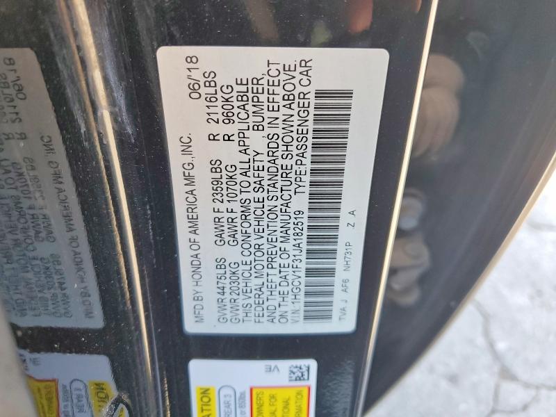 66286296 :رقم المزاد ، 1HGCV1F31JA182519 vin ، 2018 Honda Accord مزاد بيع