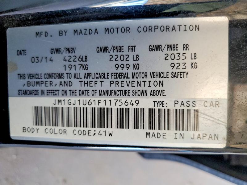 2015 Mazda 6 მანქანა იყიდება აუქციონზე, vin: JM1GJ1U61F1175649, აუქციონის ნომერი: 64955046