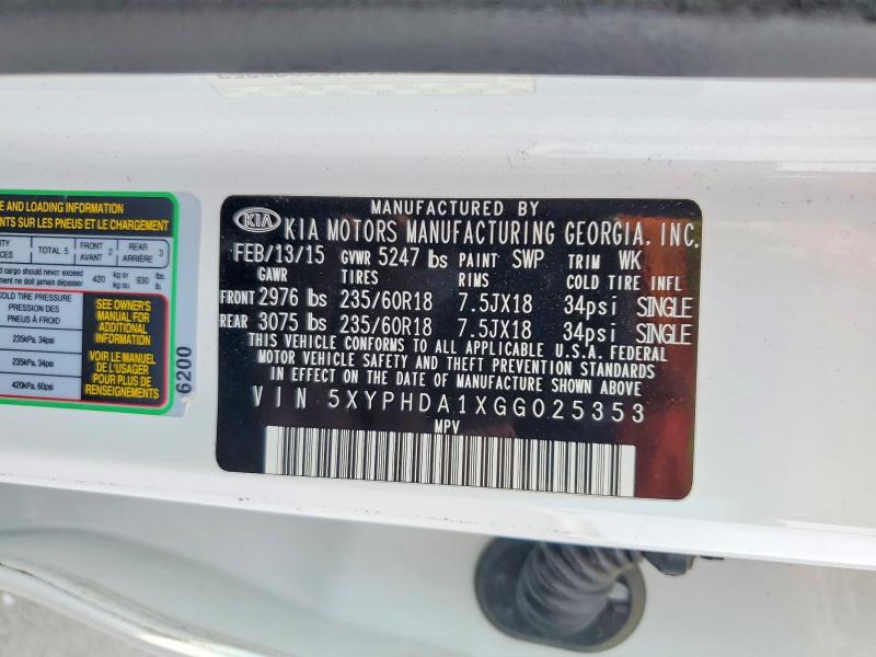 2016 Kia Sorento მანქანა იყიდება აუქციონზე, vin: 5XYPHDA1XGG025353, აუქციონის ნომერი: 64786606
