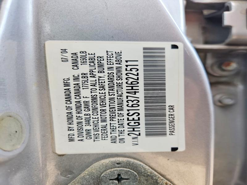 66338296 :رقم المزاد ، 2HGES16374H622511 vin ، 2004 Honda Civic مزاد بيع
