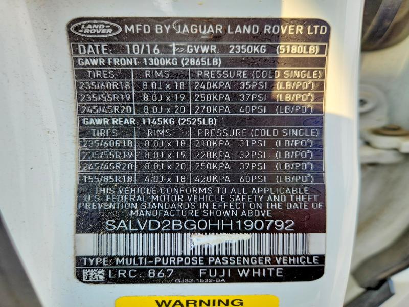 Aukcja sprzedaży 2017 Land Rover Range Rover Evoque, vin: SALVD2BG0HH190792, numer aukcji: 62518816