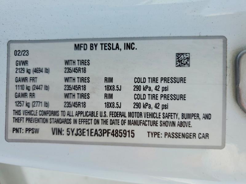 2023 Tesla Model 3 მანქანა იყიდება აუქციონზე, vin: 5YJ3E1EA3PF485915, აუქციონის ნომერი: 64945206