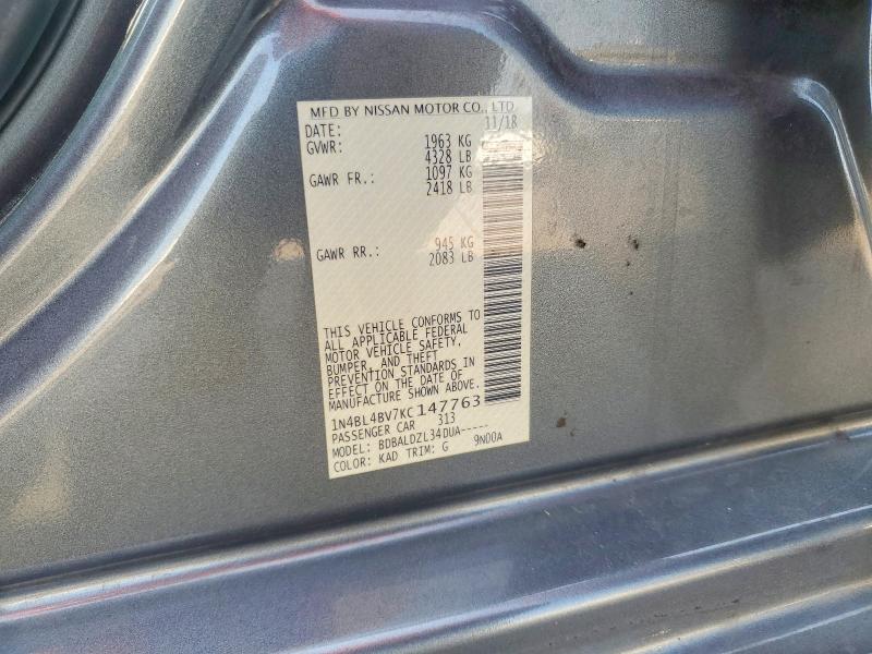 2019 Nissan Altima მანქანა იყიდება აუქციონზე, vin: 1N4BL4BV7KC147763, აუქციონის ნომერი: 64569156
