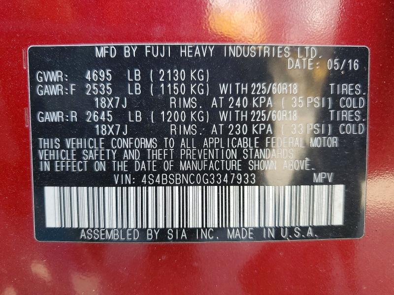 2016 Subaru Outback მანქანა იყიდება აუქციონზე, vin: 4S4BSBNC0G3347933, აუქციონის ნომერი: 65996096