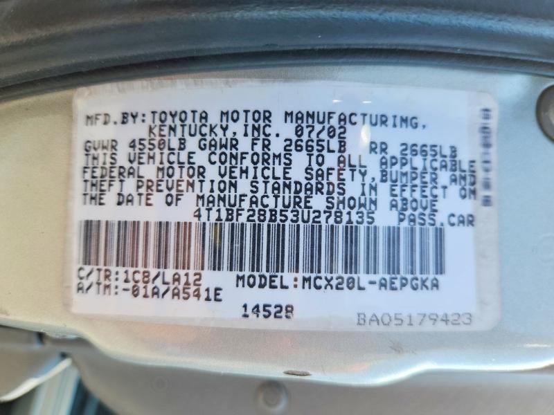 62942976 :رقم المزاد ، 4T1BF28B53U278135 vin ، 2003 Toyota Avalon مزاد بيع