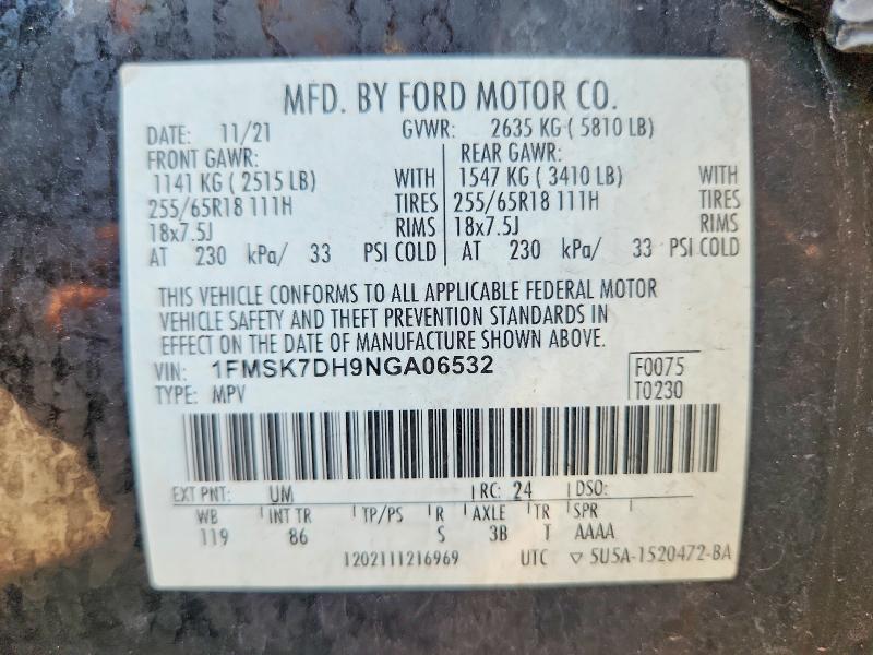 Aukcja sprzedaży 2022 Ford Explorer, vin: 1FMSK7DH9NGA06532, numer aukcji: 62859786