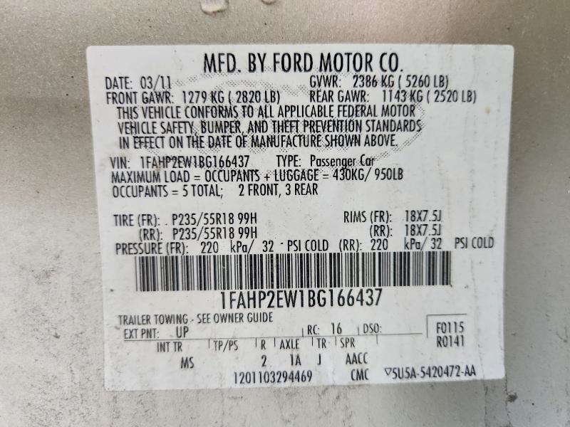2011 Ford Taurus მანქანა იყიდება აუქციონზე, vin: 1FAHP2EW1BG166437, აუქციონის ნომერი: 66912256