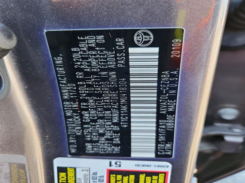 2021 Toyota Camry მანქანა იყიდება აუქციონზე, vin: 4T1C11AK1MU418304, აუქციონის ნომერი: 64958556