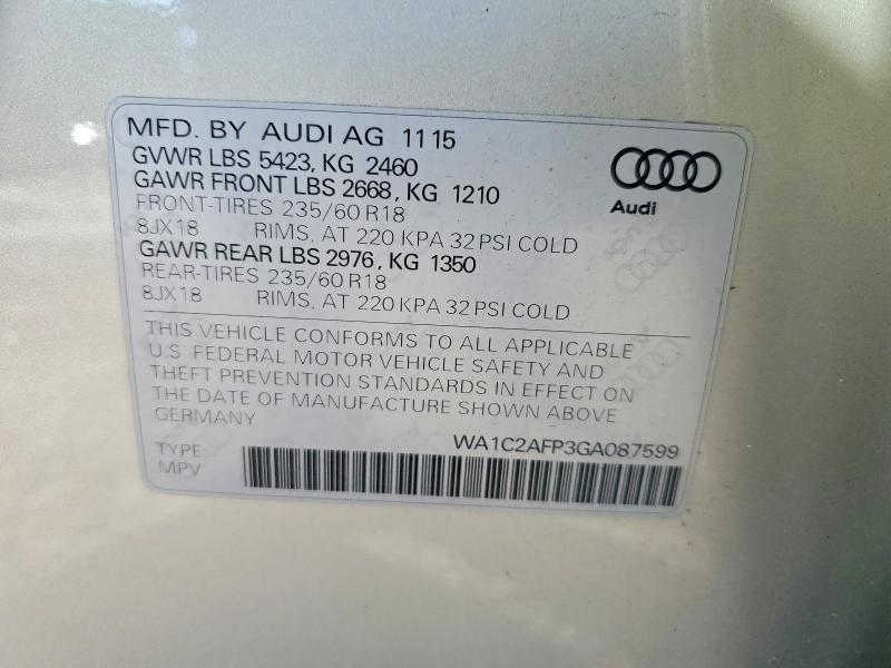 2016 Audi Q5 მანქანა იყიდება აუქციონზე, vin: WA1C2AFP3GA087599, აუქციონის ნომერი: 61954756
