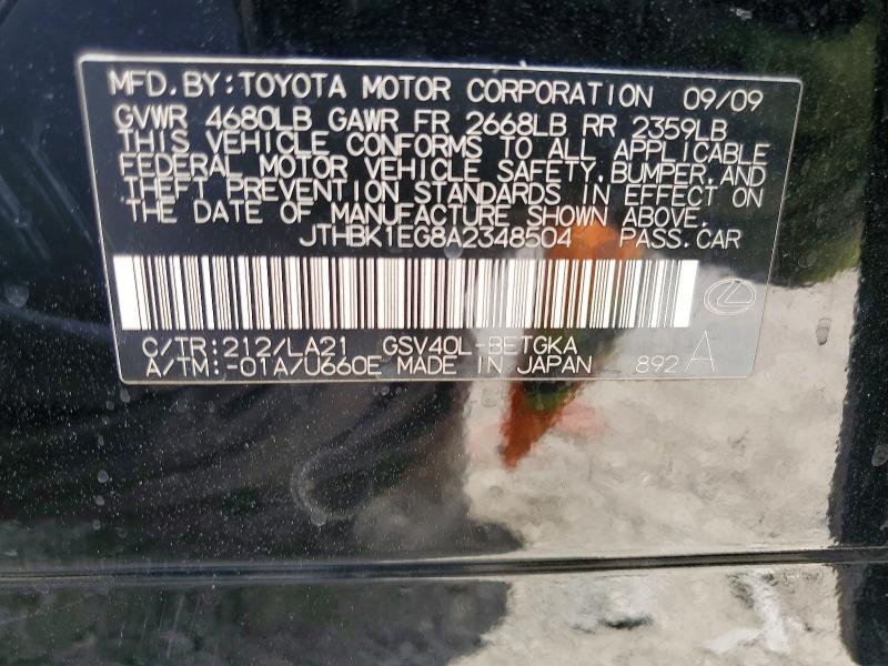 66588676 :رقم المزاد ، JTHBK1EG8A2348504 vin ، 2010 Lexus Es مزاد بيع