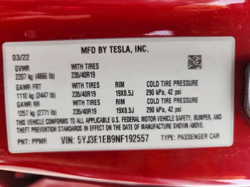Aukcja sprzedaży 2022 Tesla Model 3, vin: 5YJ3E1EB9NF192557, numer aukcji: 66564196