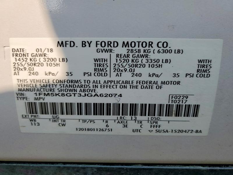 Aukcja sprzedaży 2018 Ford Explorer, vin: 1FM5K8GT3JGA62074, numer aukcji: 64668266