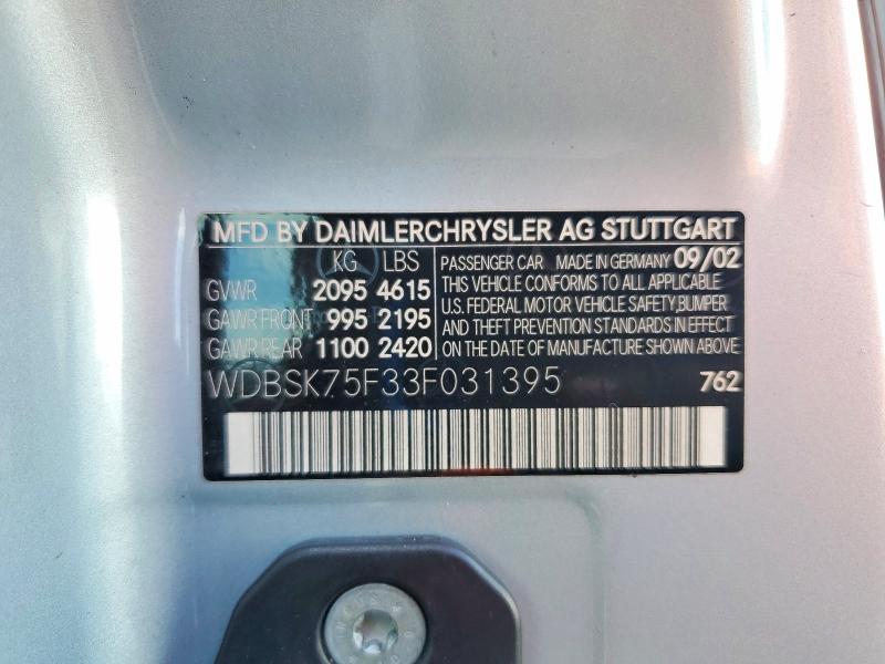 Продажа на аукционе авто 2003 Mercedes-benz Sl, vin: WDBSK75F33F031395, номер лота: 63794526