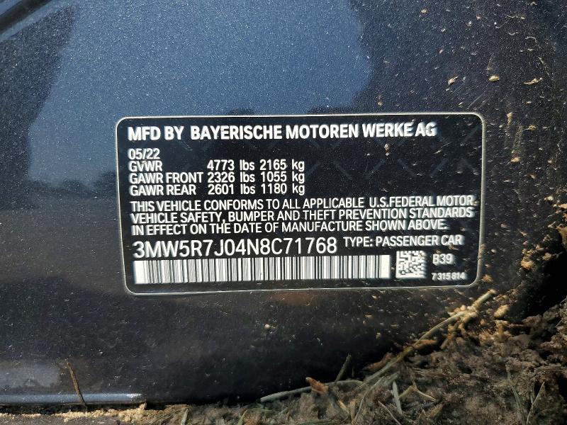 Aukcja sprzedaży 2022 Bmw 330xi, vin: 3MW5R7J04N8C71768, numer aukcji: 64281596