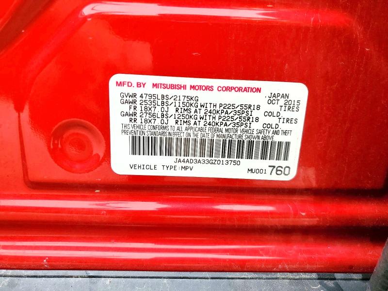64681496 :رقم المزاد ، JA4AD3A33GZ013750 vin ، 2016 Mitsubishi Outlander مزاد بيع