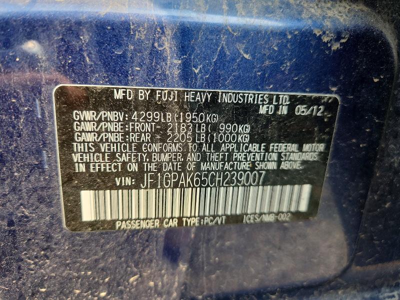 2012 Subaru Impreza მანქანა იყიდება აუქციონზე, vin: JF1GPAK65CH239007, აუქციონის ნომერი: 63724136