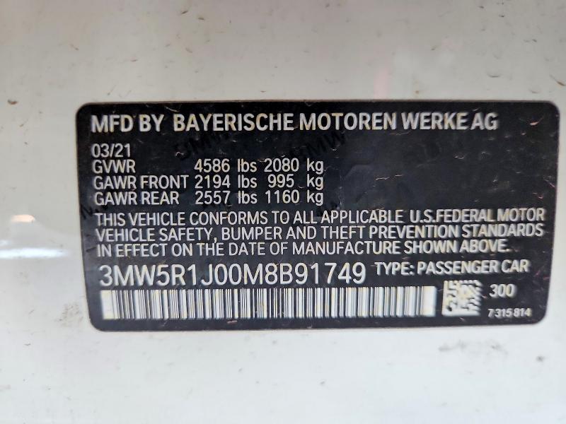 65567316 :رقم المزاد ، 3MW5R1J00M8B91749 vin ، 2021 Bmw 330i مزاد بيع