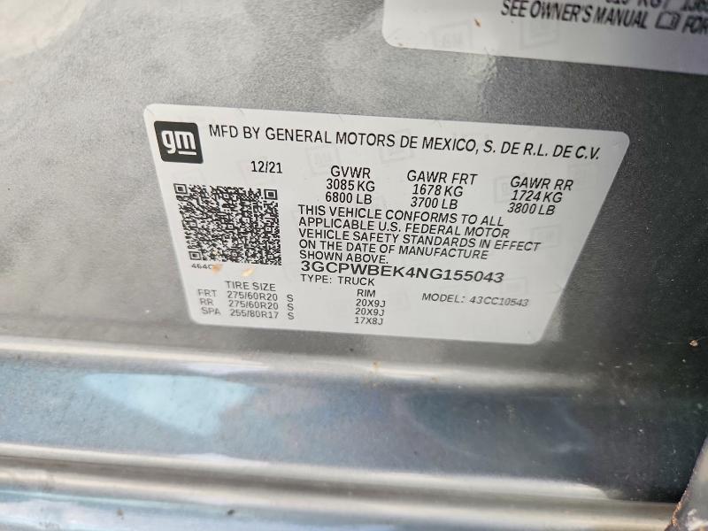 65487216 :رقم المزاد ، 3GCPWBEK4NG155043 vin ، 2022 Chevrolet Silverado Ltd مزاد بيع