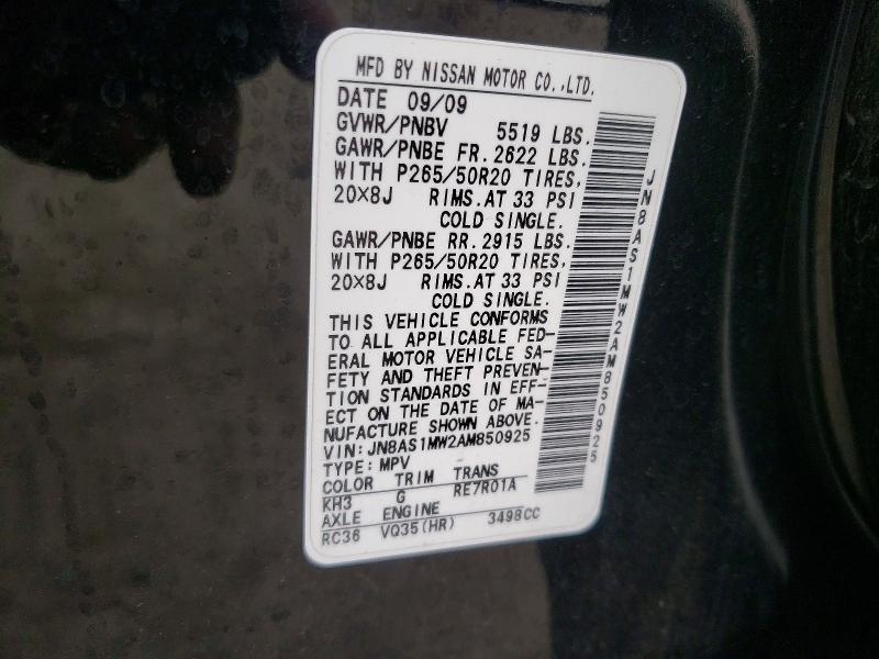 2010 Infiniti Fx35 მანქანა იყიდება აუქციონზე, vin: JN8AS1MW2AM850925, აუქციონის ნომერი: 66510416