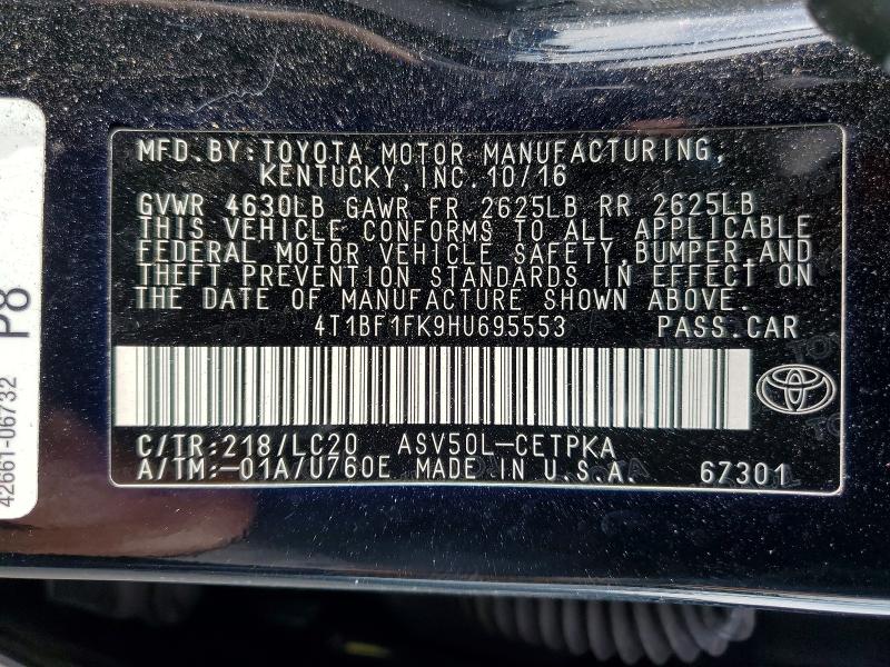 Продаж на аукціоні авто 2017 Toyota Camry, vin: 4T1BF1FK9HU695553, номер лоту: 63430566