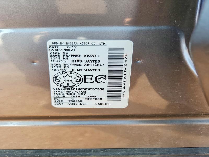 Aukcja sprzedaży 2012 Nissan Murano, vin: JN8AZ1MW3CW237358, numer aukcji: 65696316