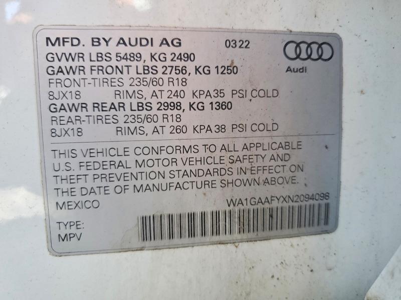 2022 Audi Q5 მანქანა იყიდება აუქციონზე, vin: WA1GAAFYXN2094098, აუქციონის ნომერი: 63609336