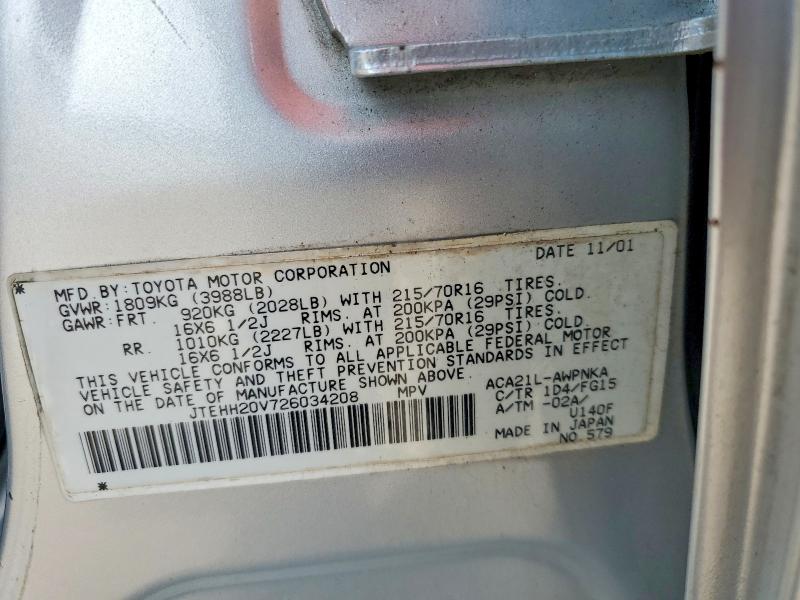 2002 Toyota Rav4 მანქანა იყიდება აუქციონზე, vin: JTEHH20V726034208, აუქციონის ნომერი: 64206436