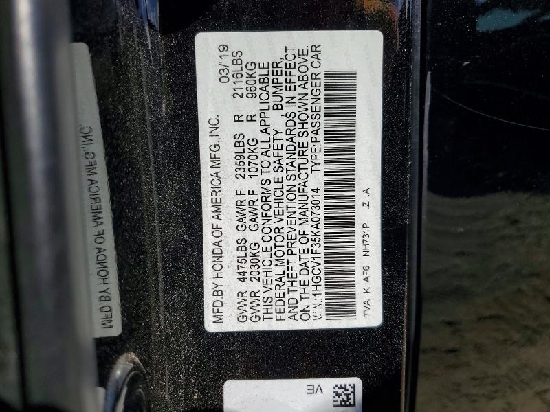 66580696 :رقم المزاد ، 1HGCV1F35KA073014 vin ، 2019 Honda Accord مزاد بيع
