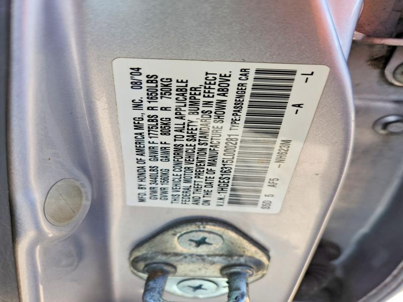 2005 Honda Civic მანქანა იყიდება აუქციონზე, vin: 1HGES16315L000281, აუქციონის ნომერი: 67017086