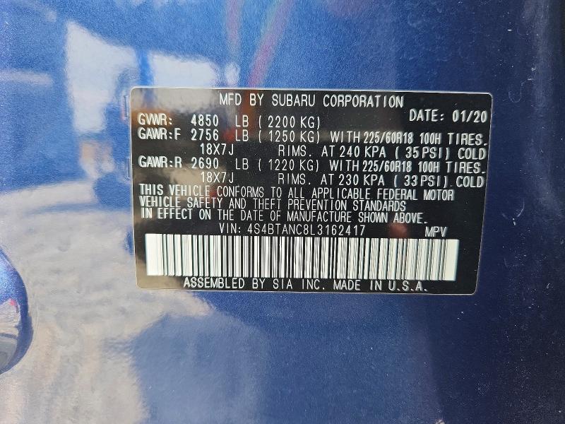 2020 Subaru Outback მანქანა იყიდება აუქციონზე, vin: 4S4BTANC8L3162417, აუქციონის ნომერი: 65213406