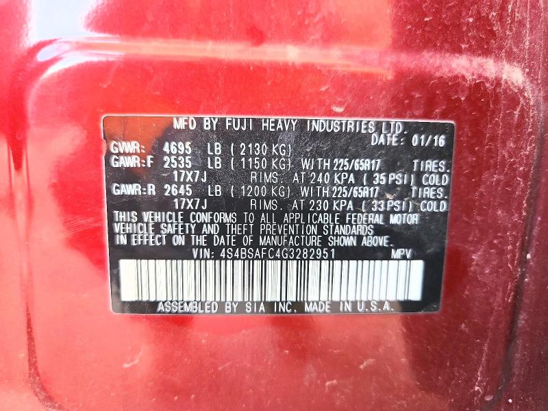 Продаж на аукціоні авто 2016 Subaru Outback, vin: 4S4BSAFC4G3282951, номер лоту: 66398546