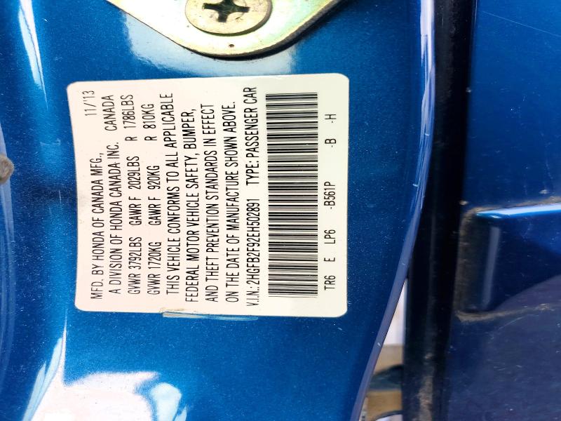2014 Honda Civic მანქანა იყიდება აუქციონზე, vin: 2HGFB2F92EH502891, აუქციონის ნომერი: 61921156
